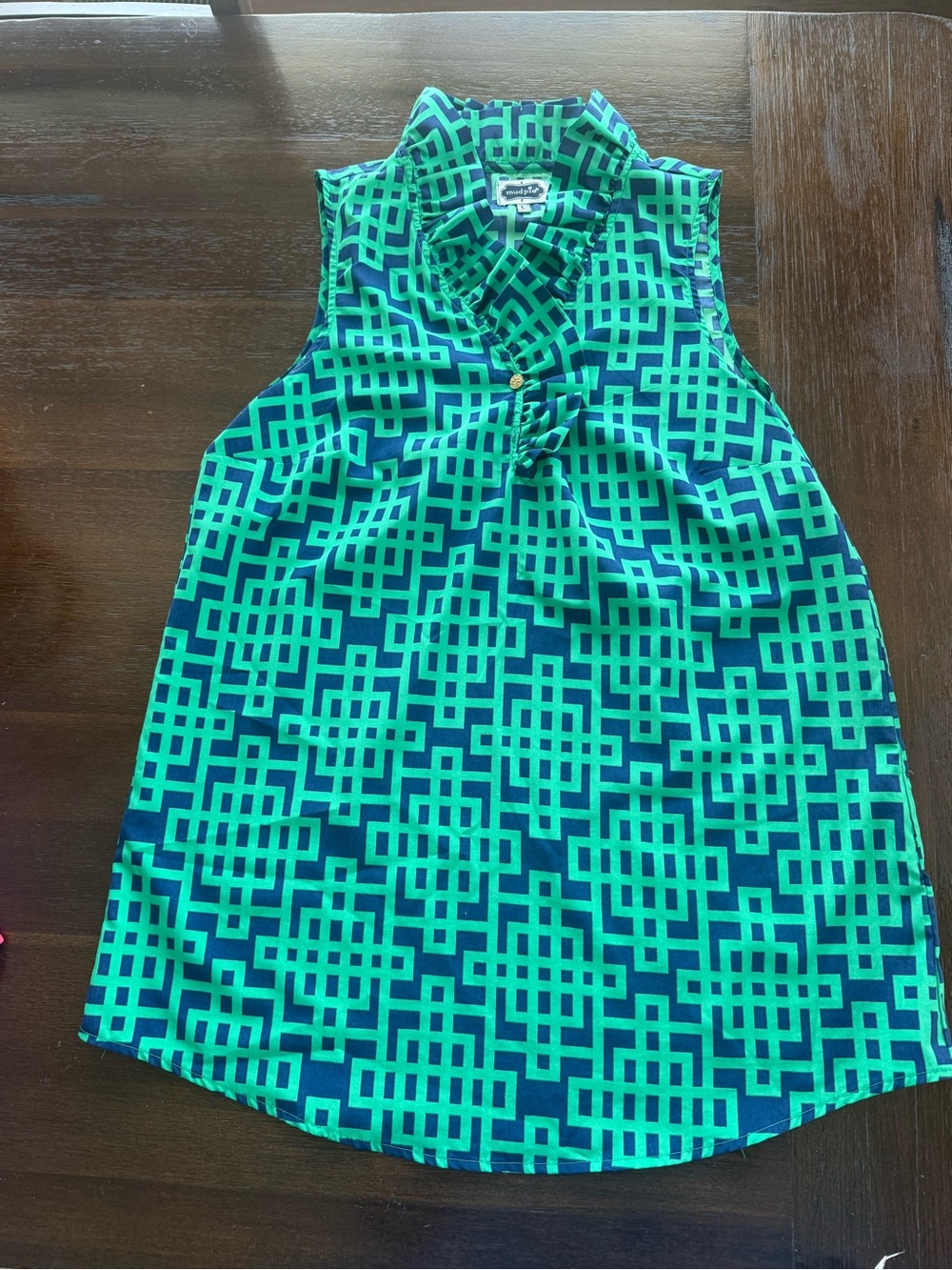 Mud Pie Green Navy Geometric Ruffle Sleeveless Blouse Large 12-14